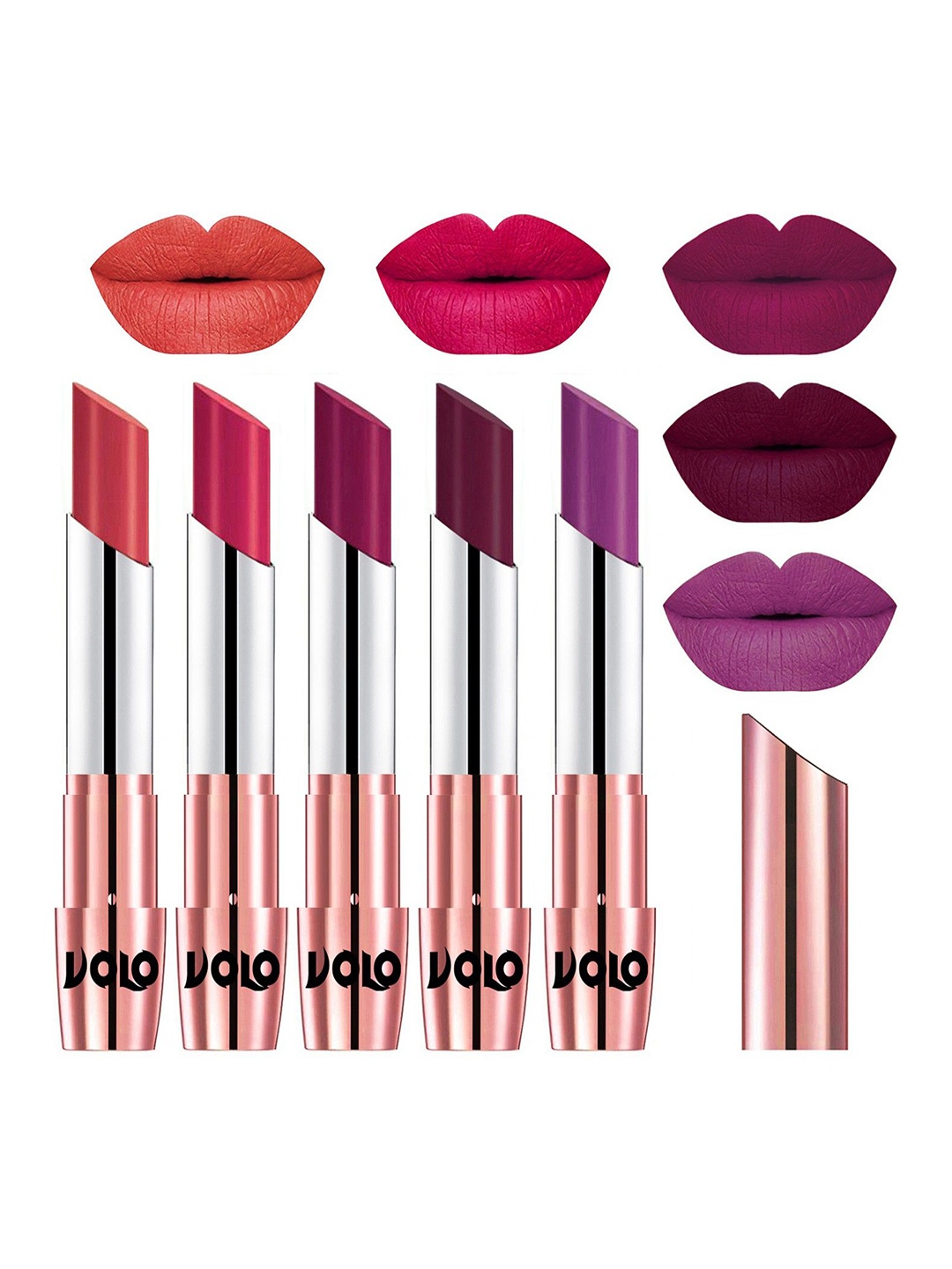 

VOLO Set Of 5 Creme Matte Lipsticks-Peach 33-Passion Pink 44-Magenta 45-Wine 47-Purple 48