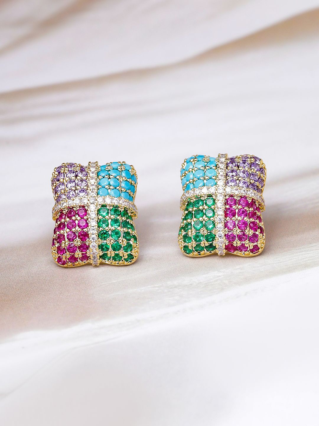 

Rubans 22k Gold Plated Multicolor Cushion-Cut AD & Cubic Zirconia Stylish Stud Earrings