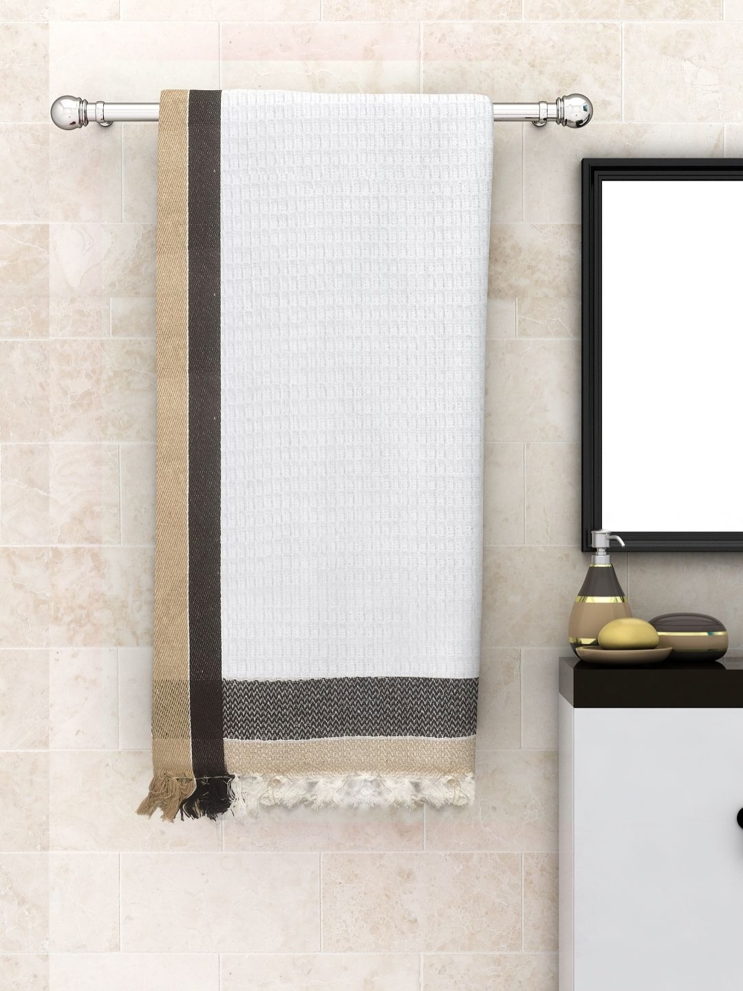 

Aura White & Beige Textured 210 GSM Pure Cotton Quick-Dry Bath Towel