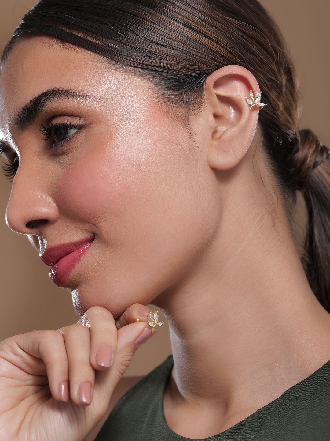 

Rubans 18K Gold-Plated Marquise-Cut Cubic Zirconia Studded Leaf Design Ear Cuff