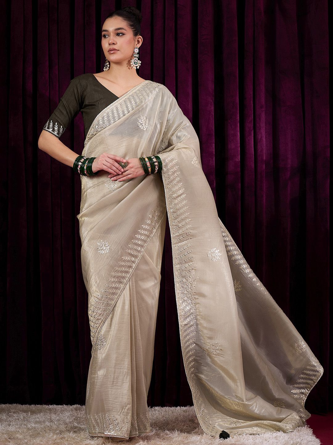 

Saree mall Embroidered Party Wear Gotta Patti Tissue Sarees, Cream