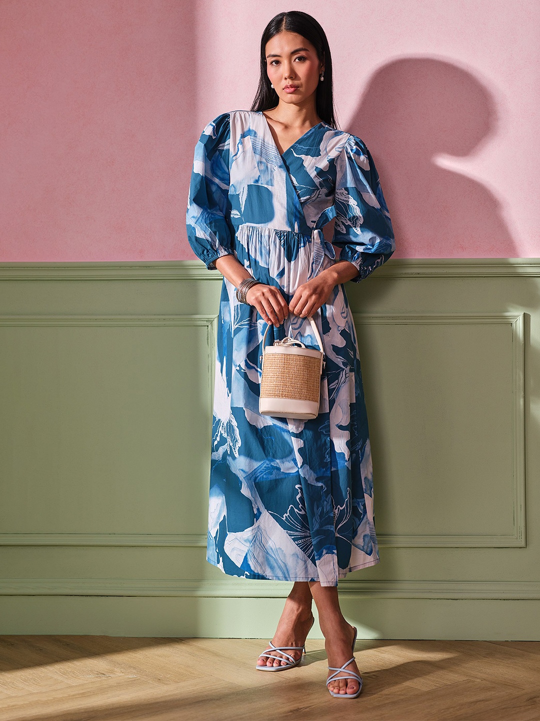 

AND Women Floral Printed Cotton Puff Sleeves Wrap Midi Dress, Blue