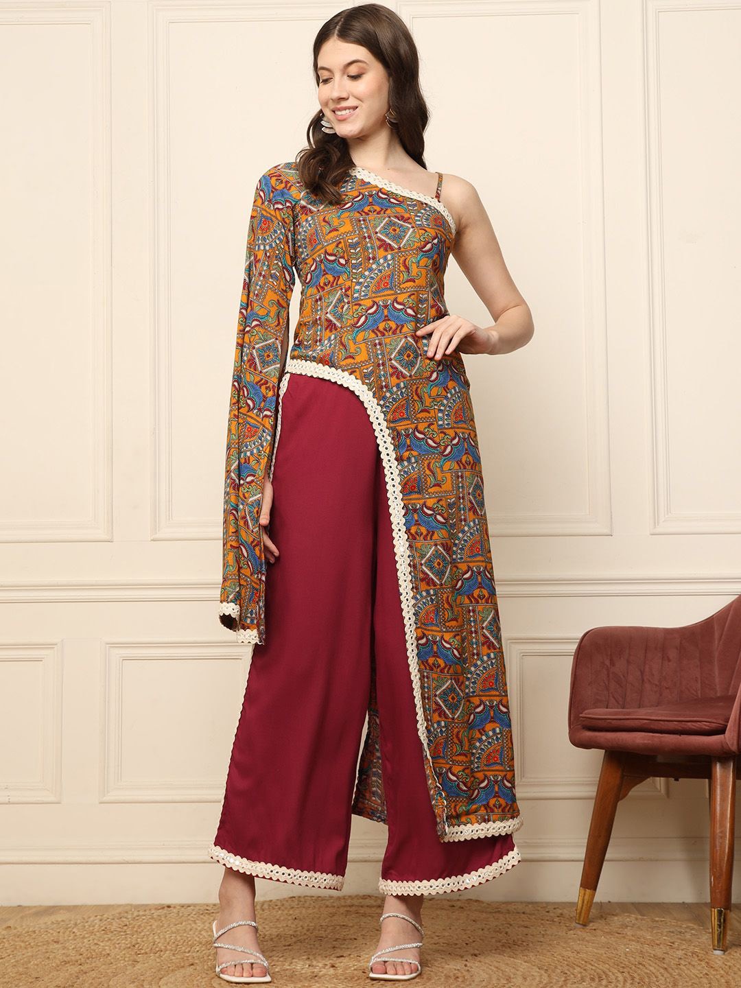 

DEEBACO Ethnic Motifs Printed Asymmetric Tunic With Palazzos, Maroon