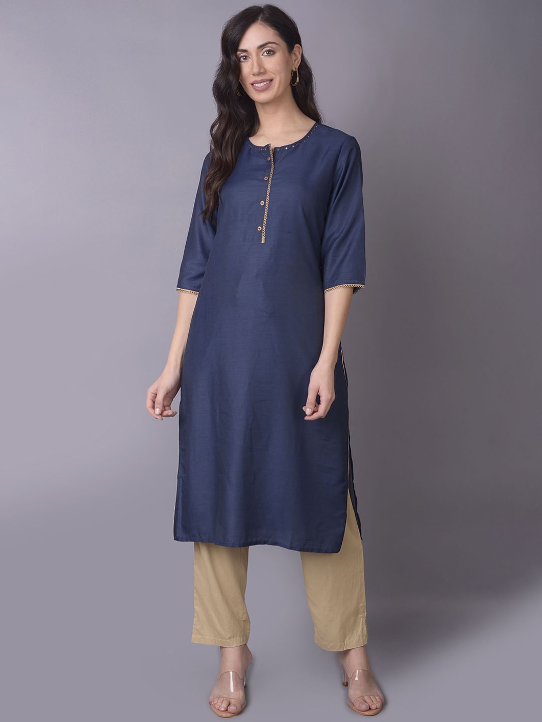 

Shree Round Neck Three Quarter Liva Straight Kurta, Navy blue