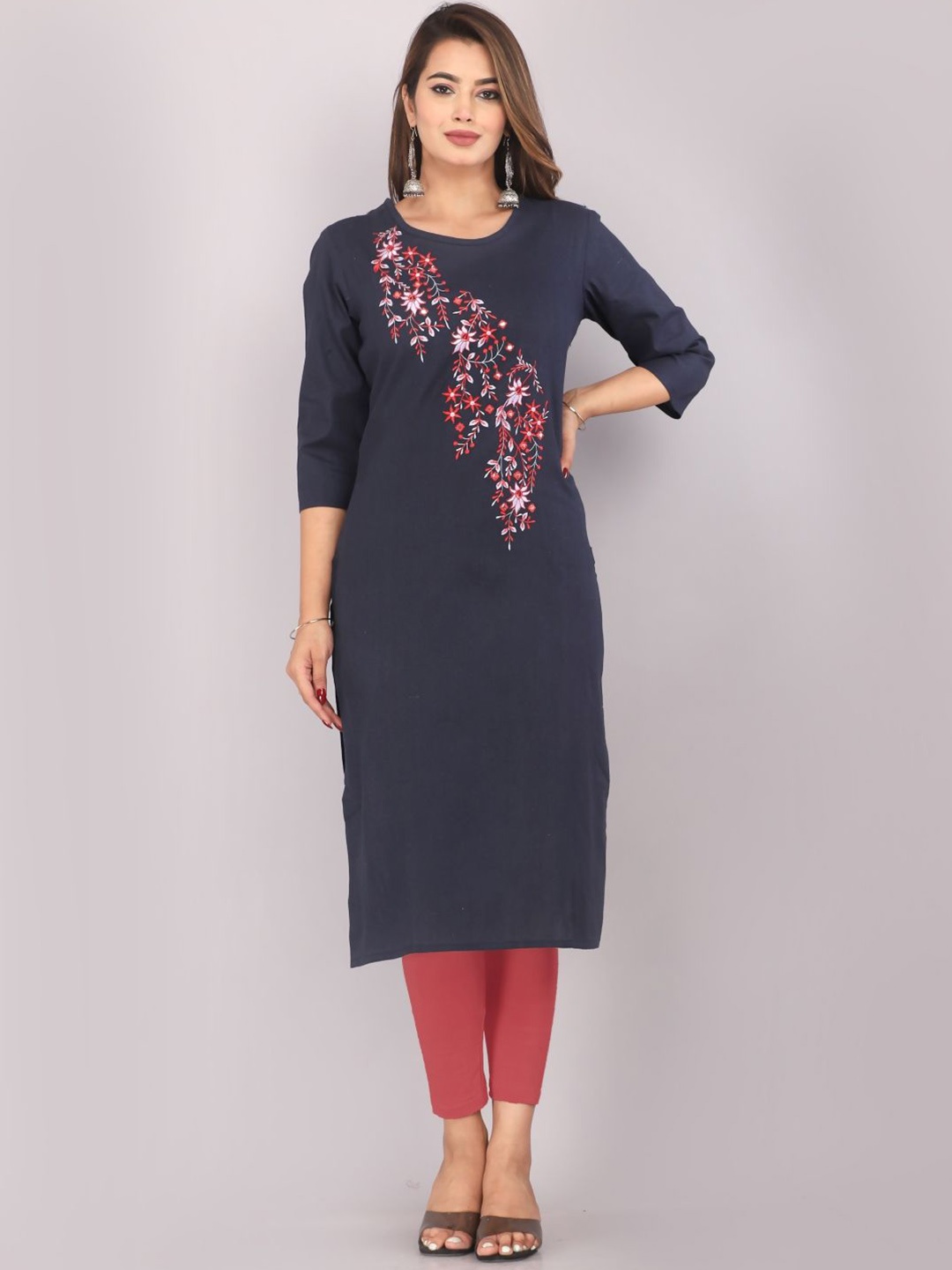 

Mehsoos Floral Embroidered Thread Work Pure Cotton Straight Kurta, Navy blue