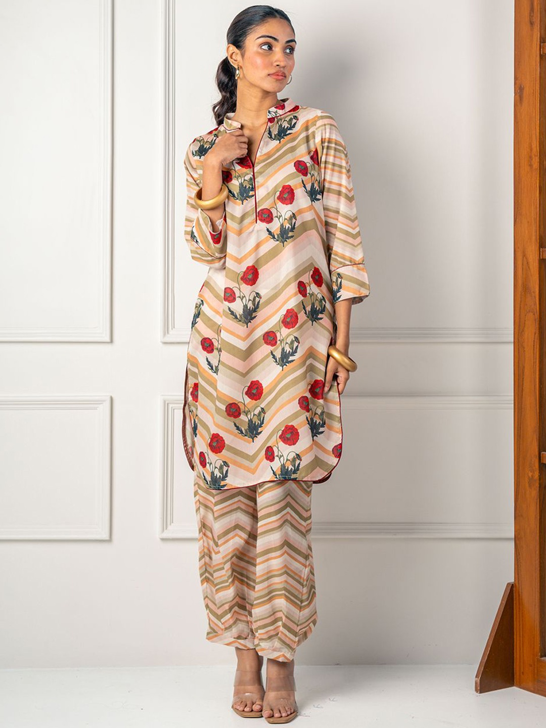 

India Circus by Krsnaa Mehta Floral Printed Mandarin Collar Tunic With Trousers, Beige