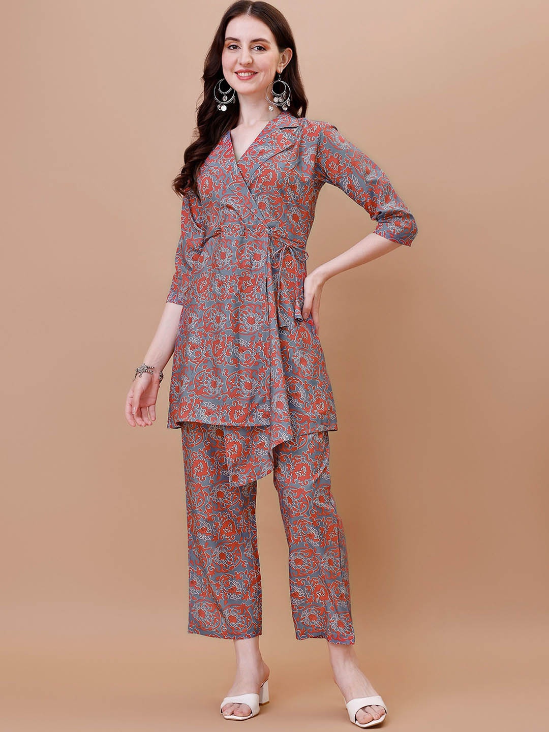 

KALINI Floral Printed Shawl Collar Tunic With Trouser, Red