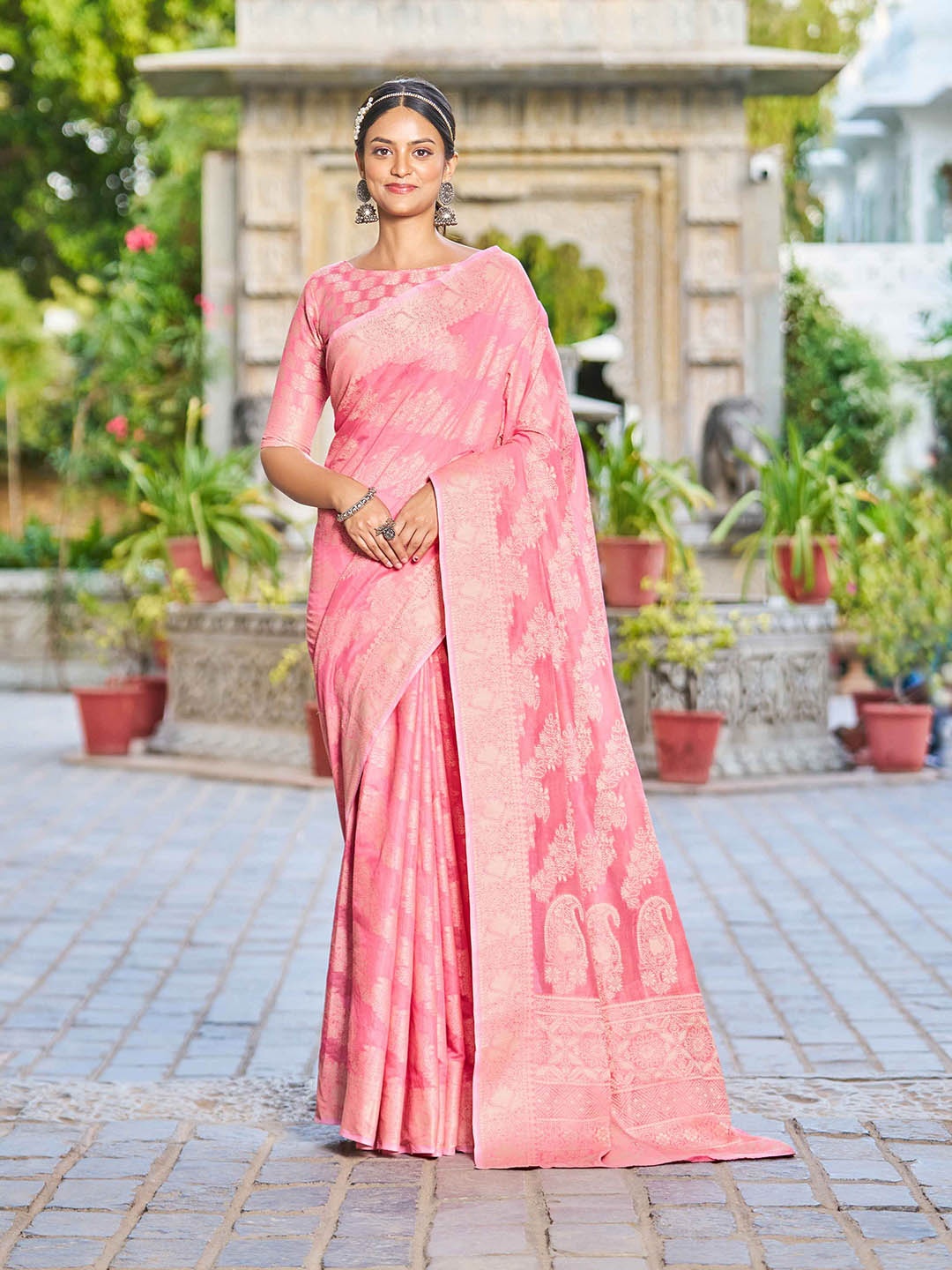 

Krimmple Woven Design Saree With Zari Border, Pink