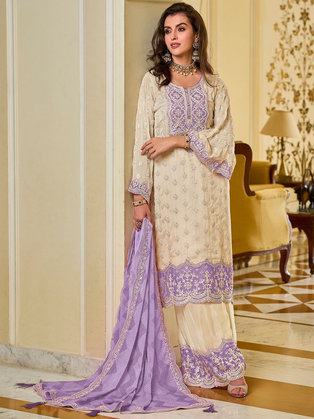 

AUTUMN LANE Floral Embroidered Sequinned Straight Kurta With Palazzos & Dupatta, Cream
