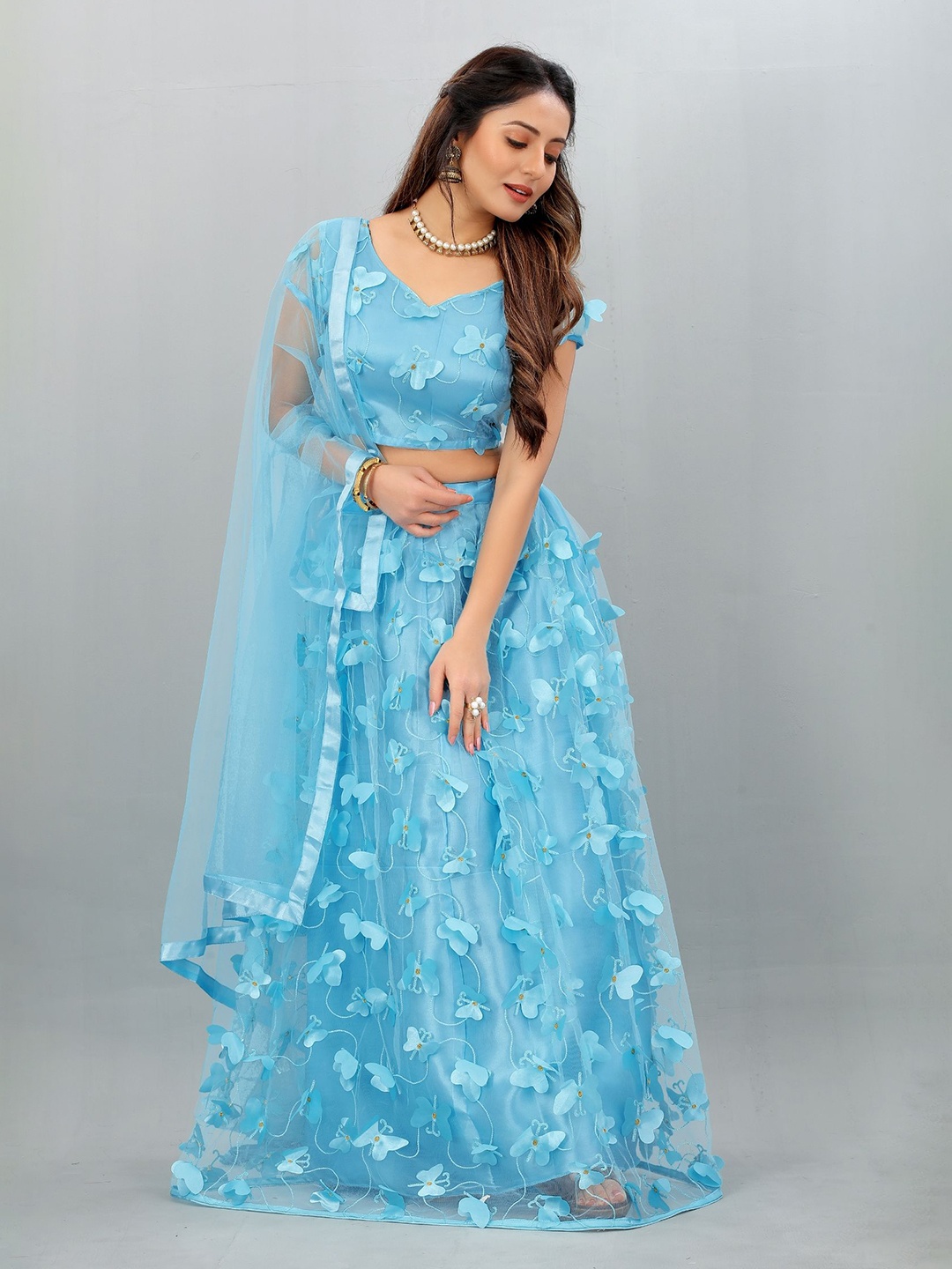 

JULEE Embroidered Semi-Stitched Net Lehenga & Unstitched Blouse With Dupatta, Turquoise blue