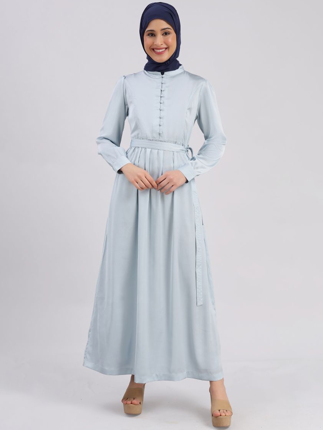 

IDH London Solid Flared Maxi Satin Abaya Burqa, Blue