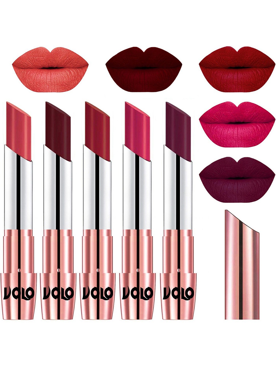 

VOLO Set Of 5 Creme Matte Lipsticks 3.5g-Peach 33-Maroon 42-Red 43-Passion Pink 44-Wine 47