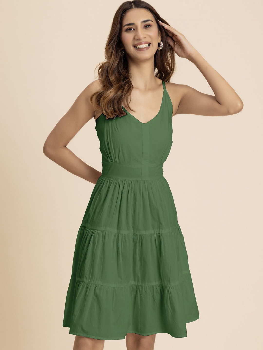 

Moomaya Women Fit and Flare Dress, Olive