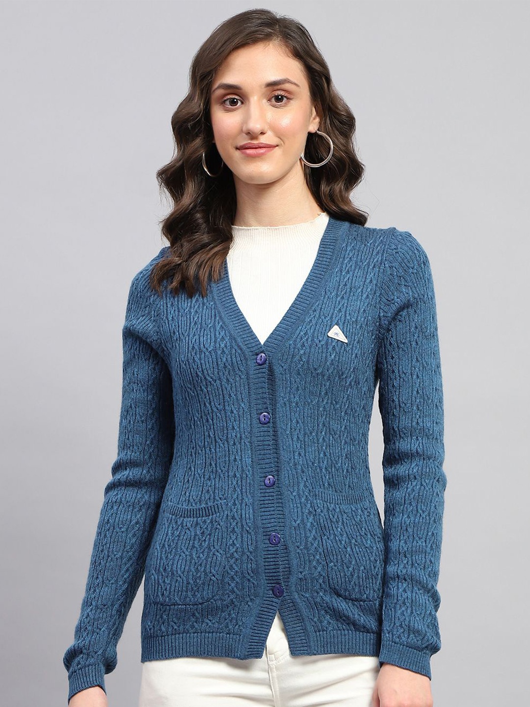 

Monte Carlo Women Ribbed Woollen Cardigan, Navy blue