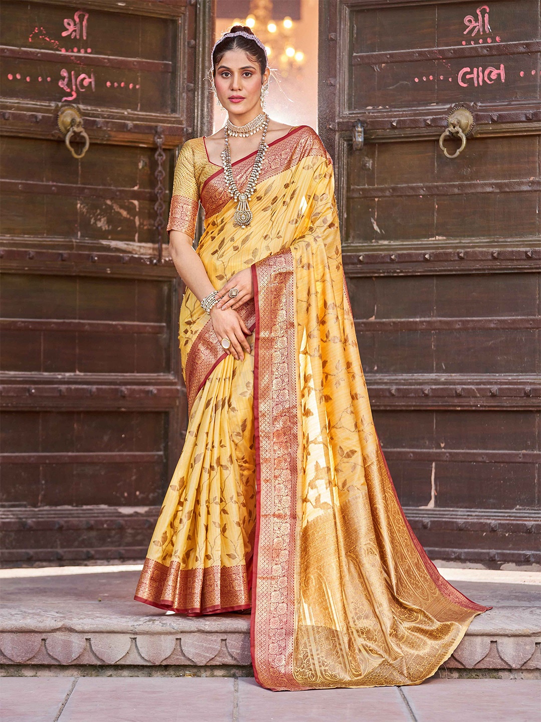 

Krimmple Woven Design Zari Saree, Yellow