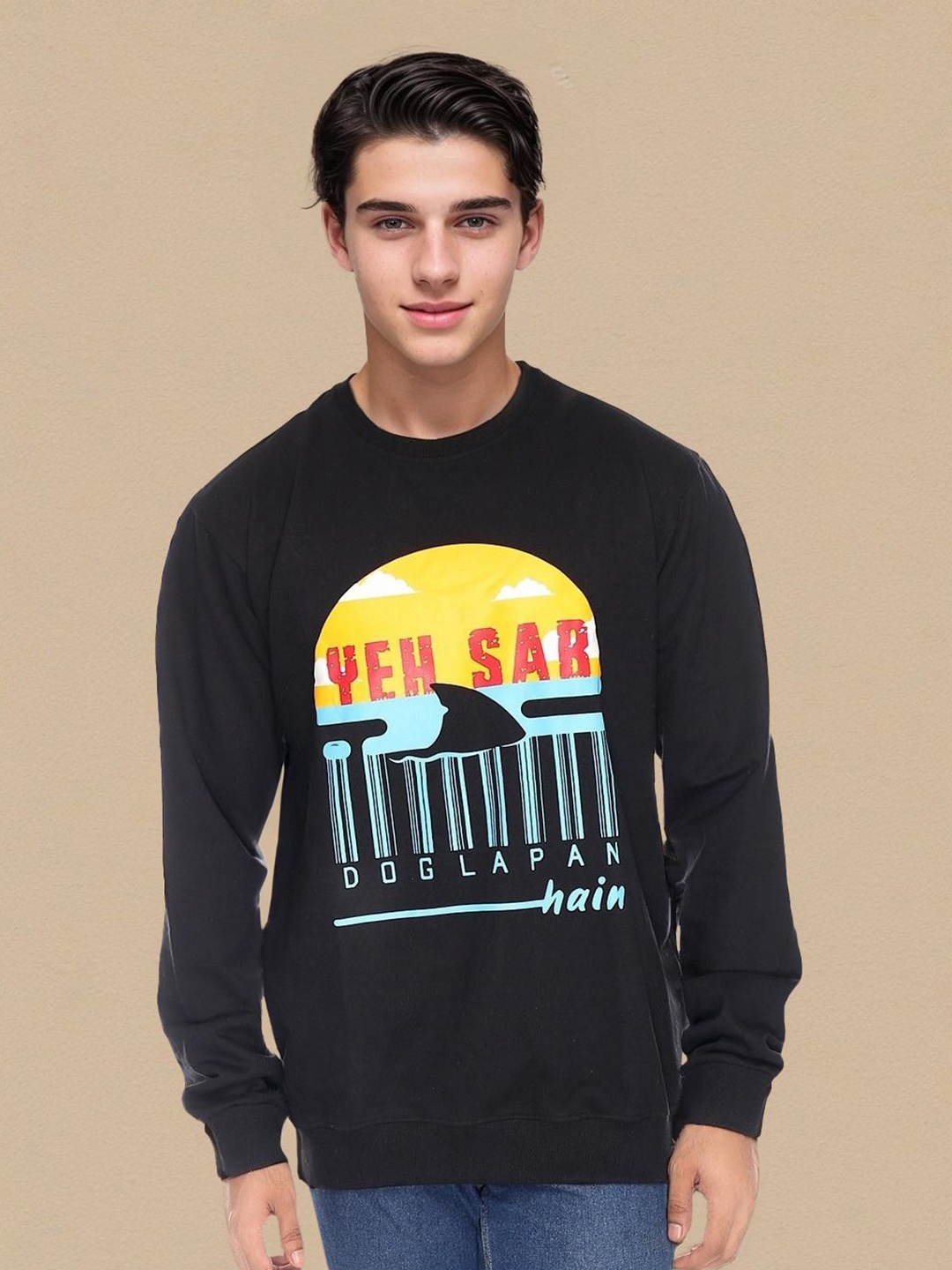 

MABYN Men Graphic Printed Round Neck Cotton Sweatshirt, Black