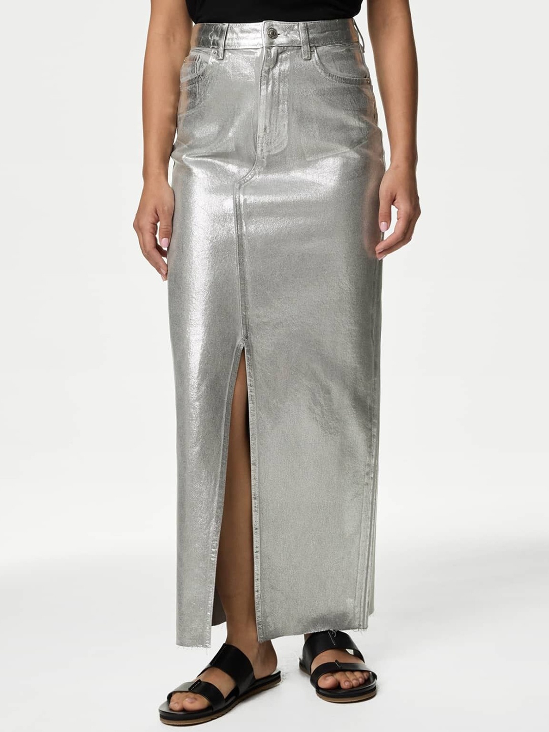 

Marks & Spencer Foil Metallic Cotton A-Line Maxi Skirts, Silver