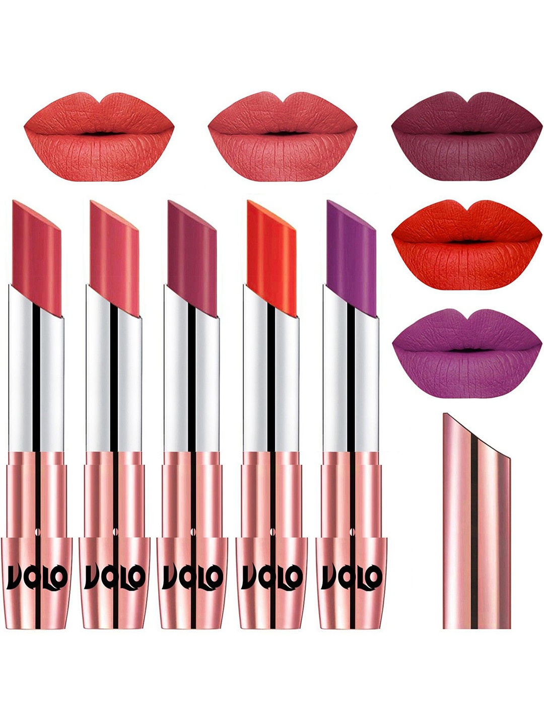 

VOLO Set Of 5 Creme Matte Lipstick-3.5 Each-Peach-Dark Peach-Rose Pink- Coral-Purple, Red