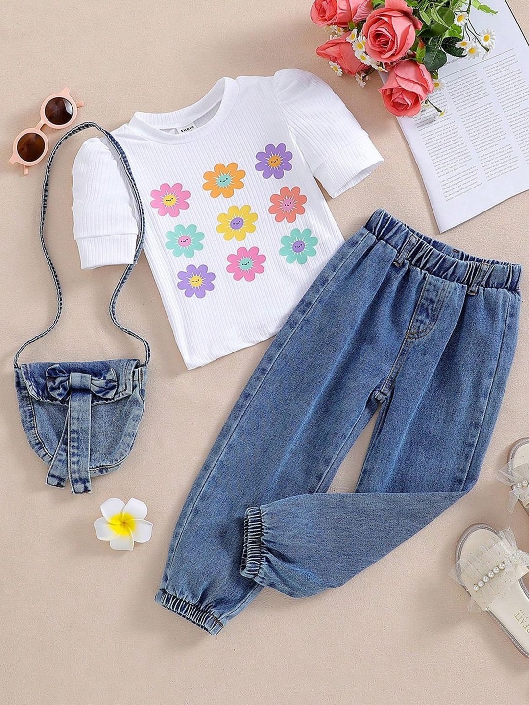 

INCLUD Girls Floral Printed Round Neck Short Sleeves Cotton Blend T-shirt With Joggers, White