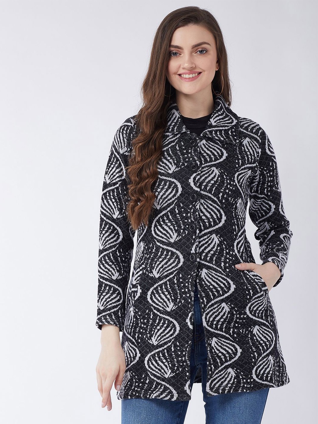 

PIVL Women Printed Longline Cardigan Sweater, Black