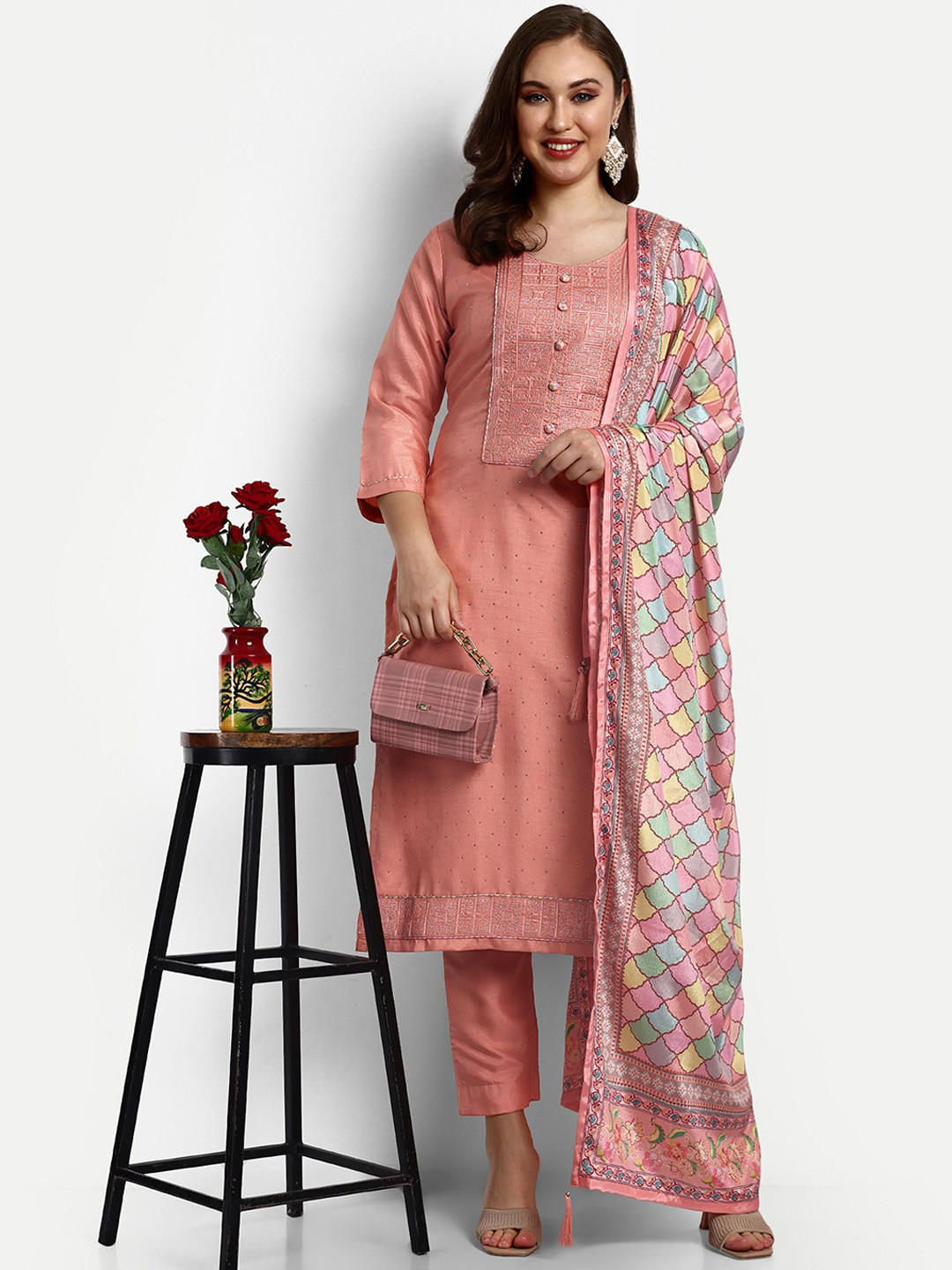 

V B SONS Ethnic Motifs Embroidered Beads and Stones Kurta With Trousers & Dupatta, Peach