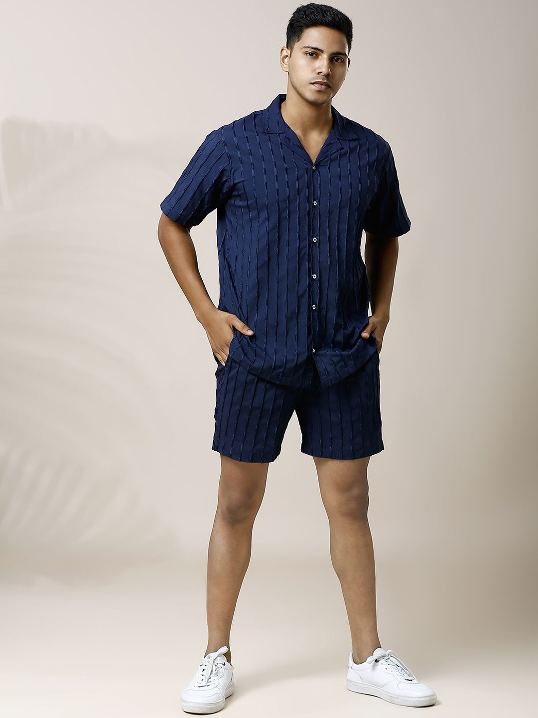 

Be Desi Striped Shirt With Shorts Co-Ords, Navy blue