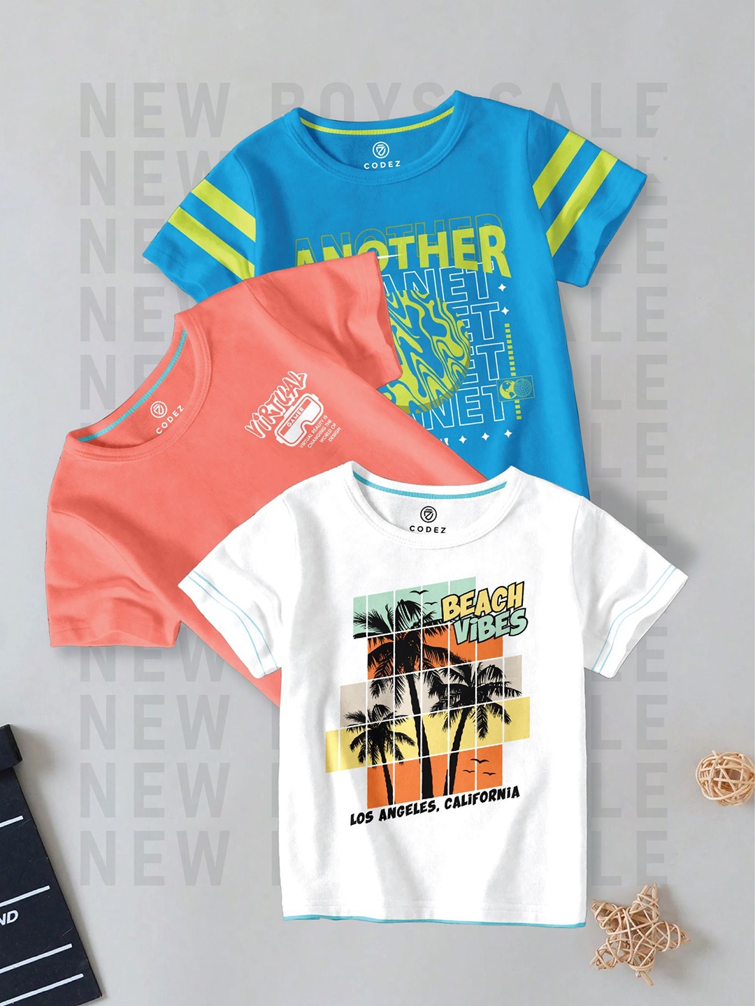 

CODEZ Boys Pack Of 3 Graphic Printed Round Neck Cotton T-shirts, Blue