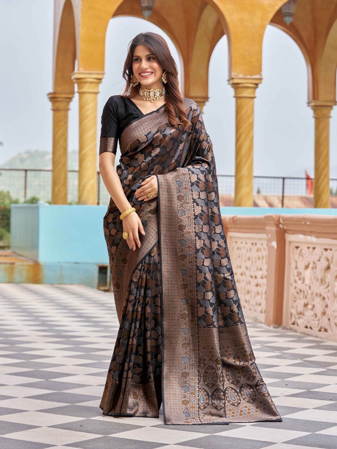 

Krimmple Woven Design Saree With Coper Zari, Black