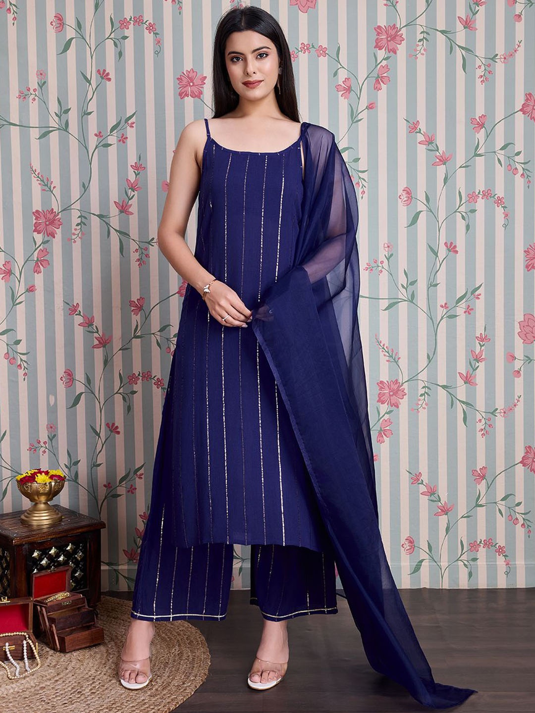 

Ode by House of Pataudi Striped Straight Kurta with Palazzos & With Dupatta, Blue