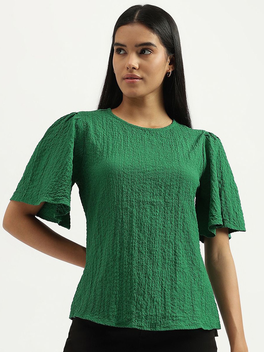 

United Colors of Benetton Women Self Design Round Neck Top, Green