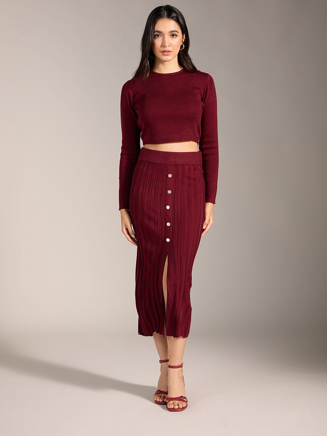 

20Dresses Maroon Self Design Round Neck Top With Skirt