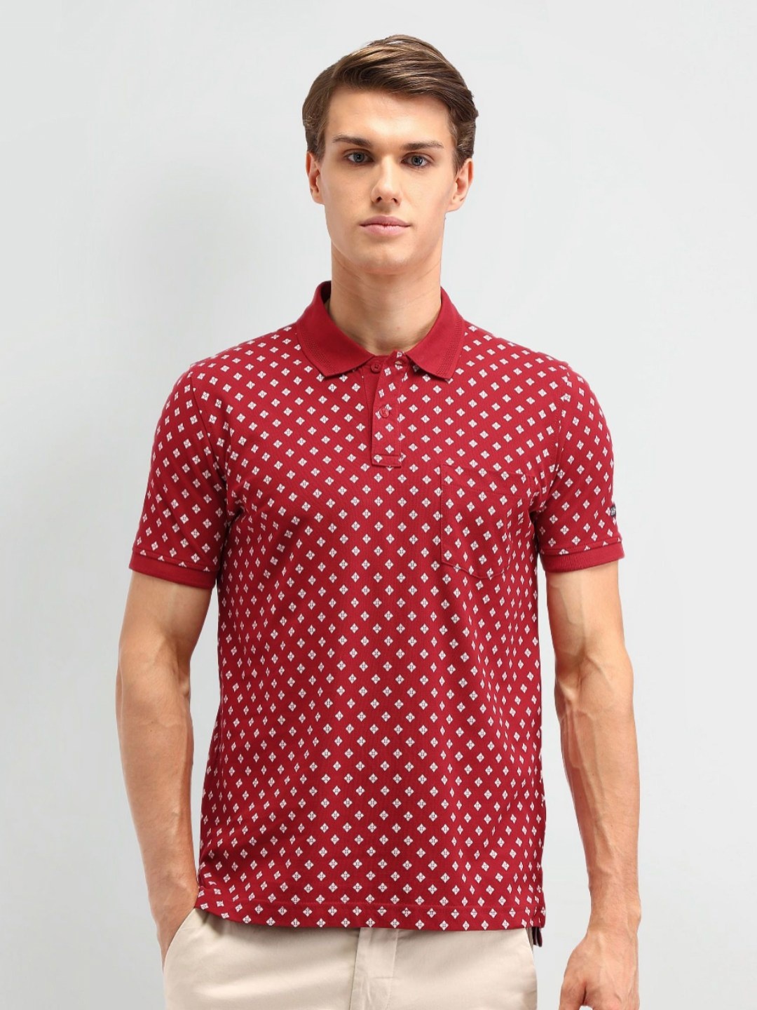 

Arrow Sport Men Conversational Printed Polo Collar Cotton T-shirt, Red
