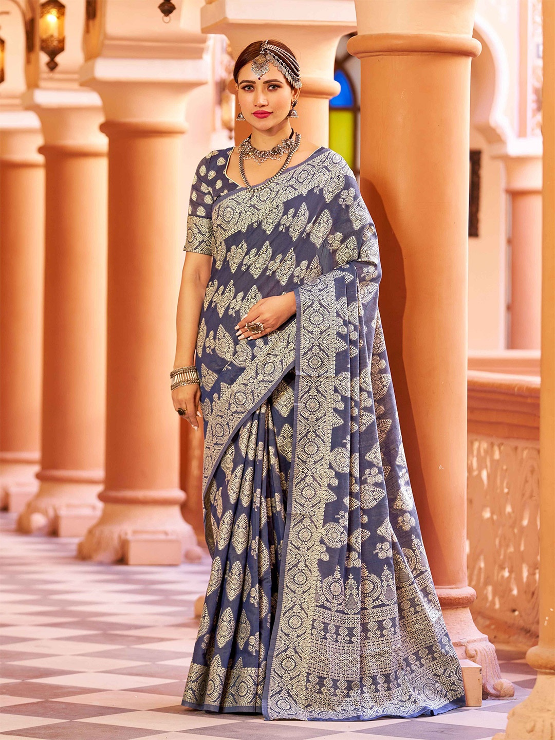 

Krimmple Ethnic Motifs Woven Design Zari Saree, Blue