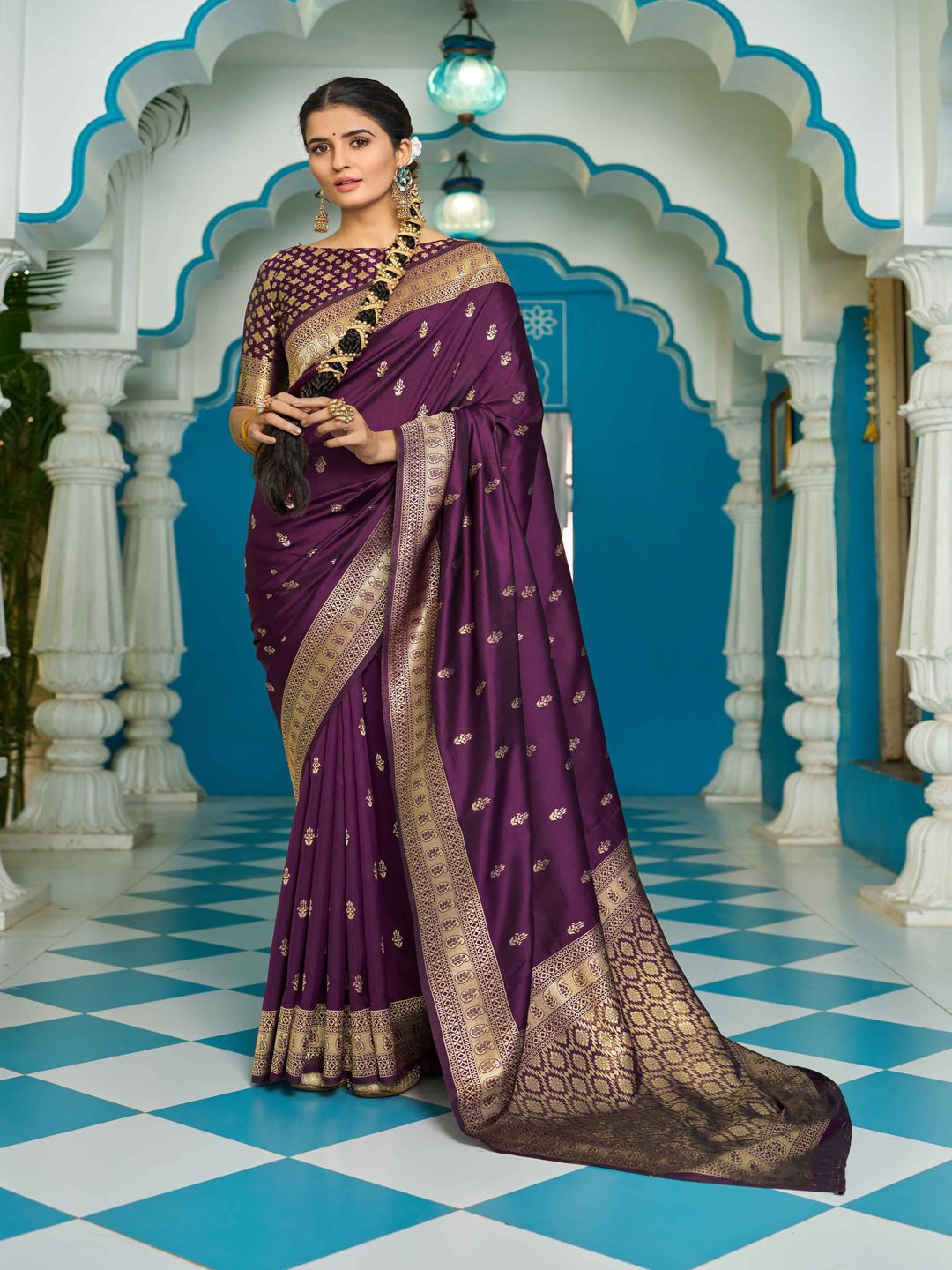 

Krimmple Ethnic Motifs Woven Design Zari Saree, Purple