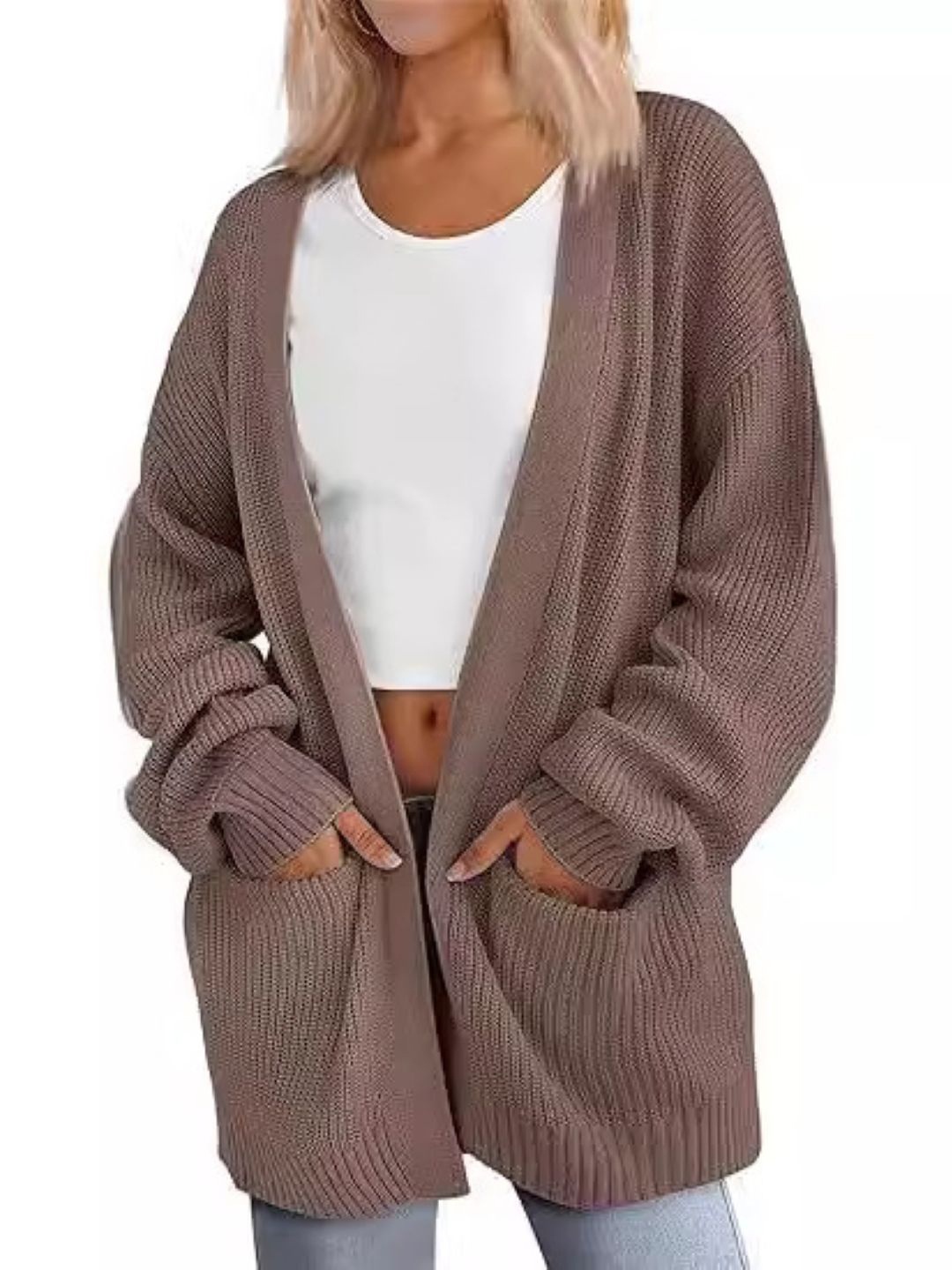 

KPOP Women Acrylic Longline Open Front Jacket, Brown