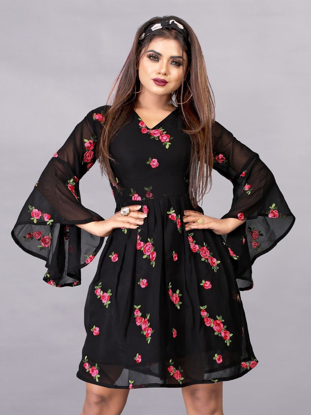 

Aika Floral Embroidered Bell Sleeve Georgette Fit & Flare Above Knee Dress, Black