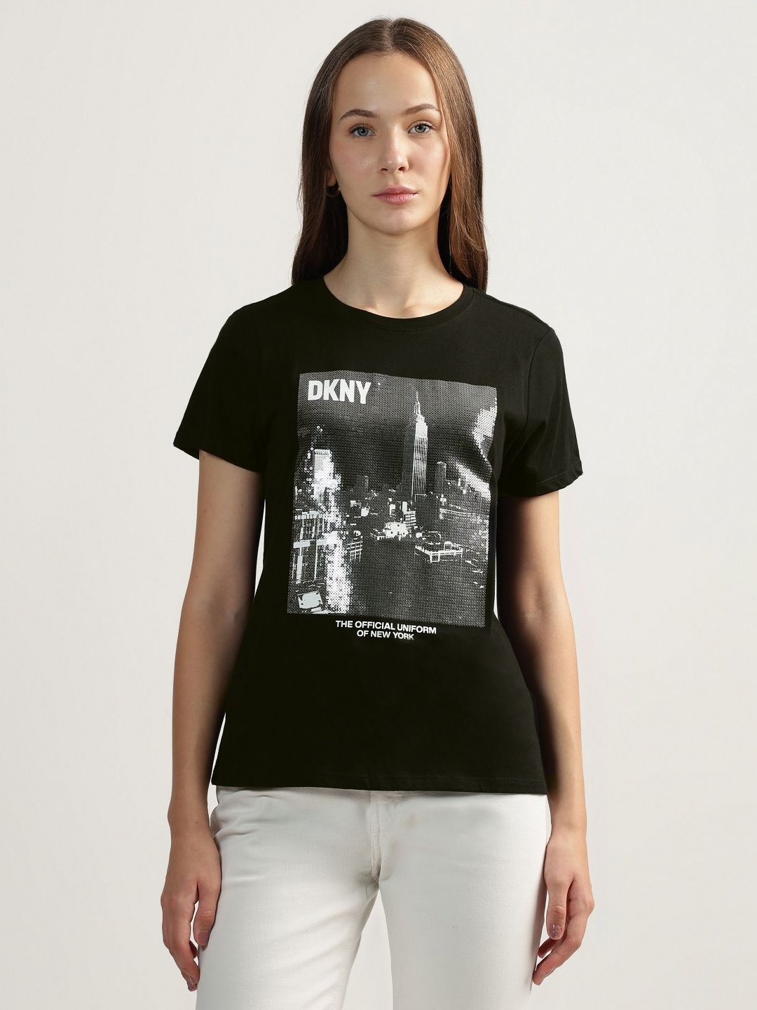 

DKNY Women Graphic Printed Round Neck Cotton T-shirt, Black