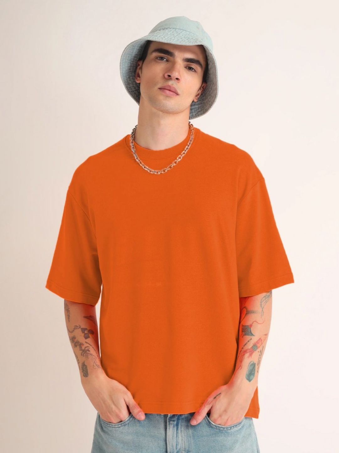

Leotude Men Graphic Printed Round Neck Cotton Oversized T-shirt, Orange