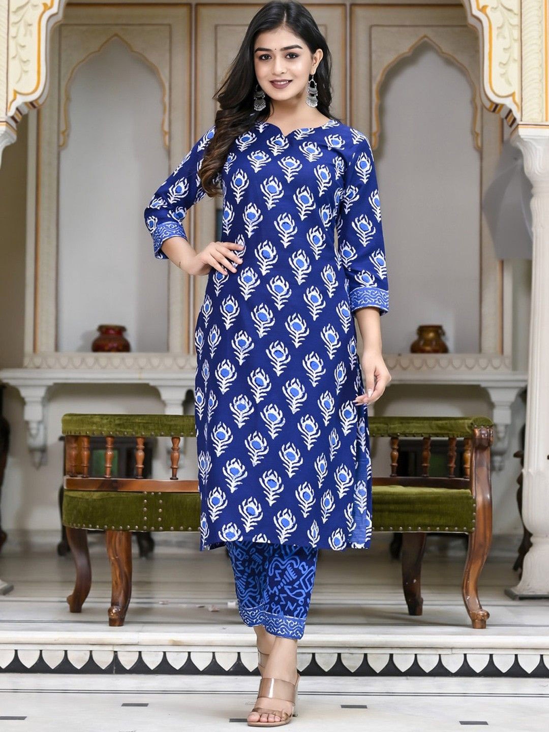 

KALINI Ethnic Motifs Printed Notch Neck Straight Kurta With Trousers & Dupatta, Blue