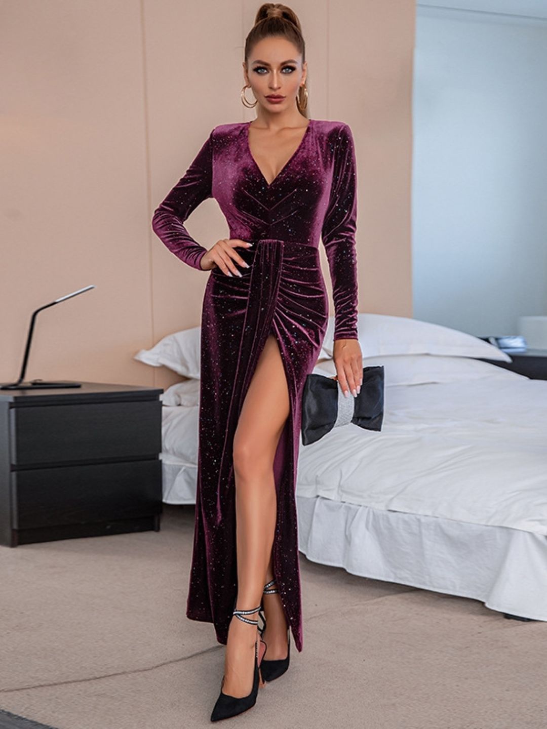 

KPOP Solid Bodycon Long Sleeves Gathered or Pleated Maxi Dress, Purple