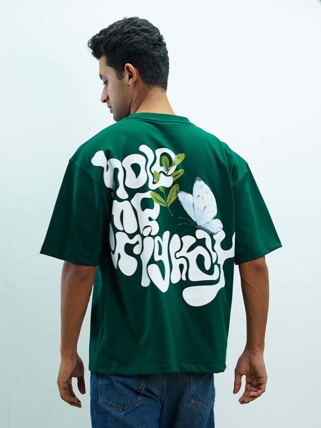 

KHAAKI Men Bio Finish Graphic Printed Round Neck Cotton Oversized T-shirt, Green