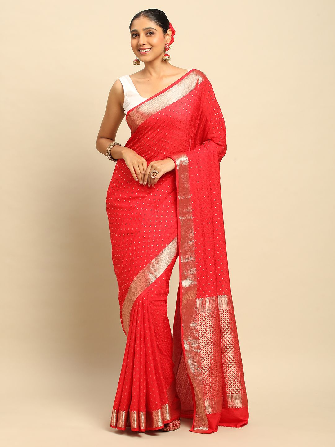 

DrapeMall Woven Design Zari saree, Red