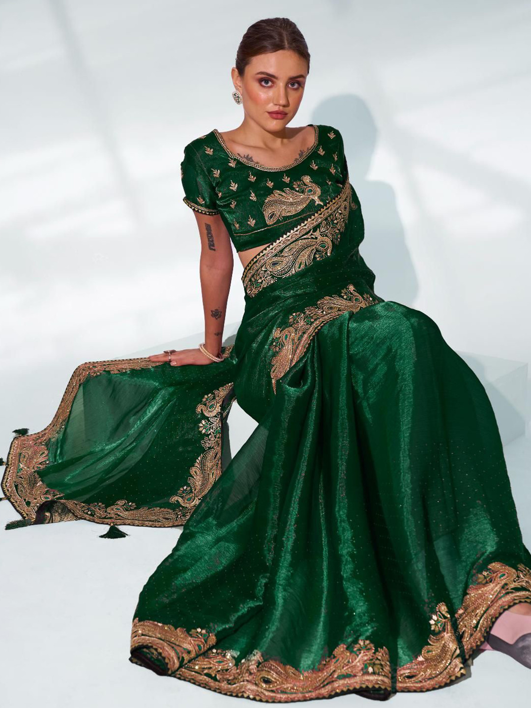 

Kalista Ethnic Motif Embroidered Organza Saree, Green
