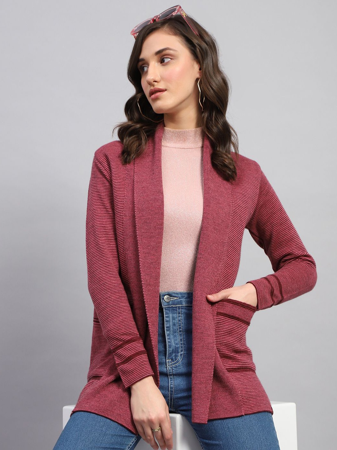 

Monte Carlo Women Striped Open Front Woollen, Red