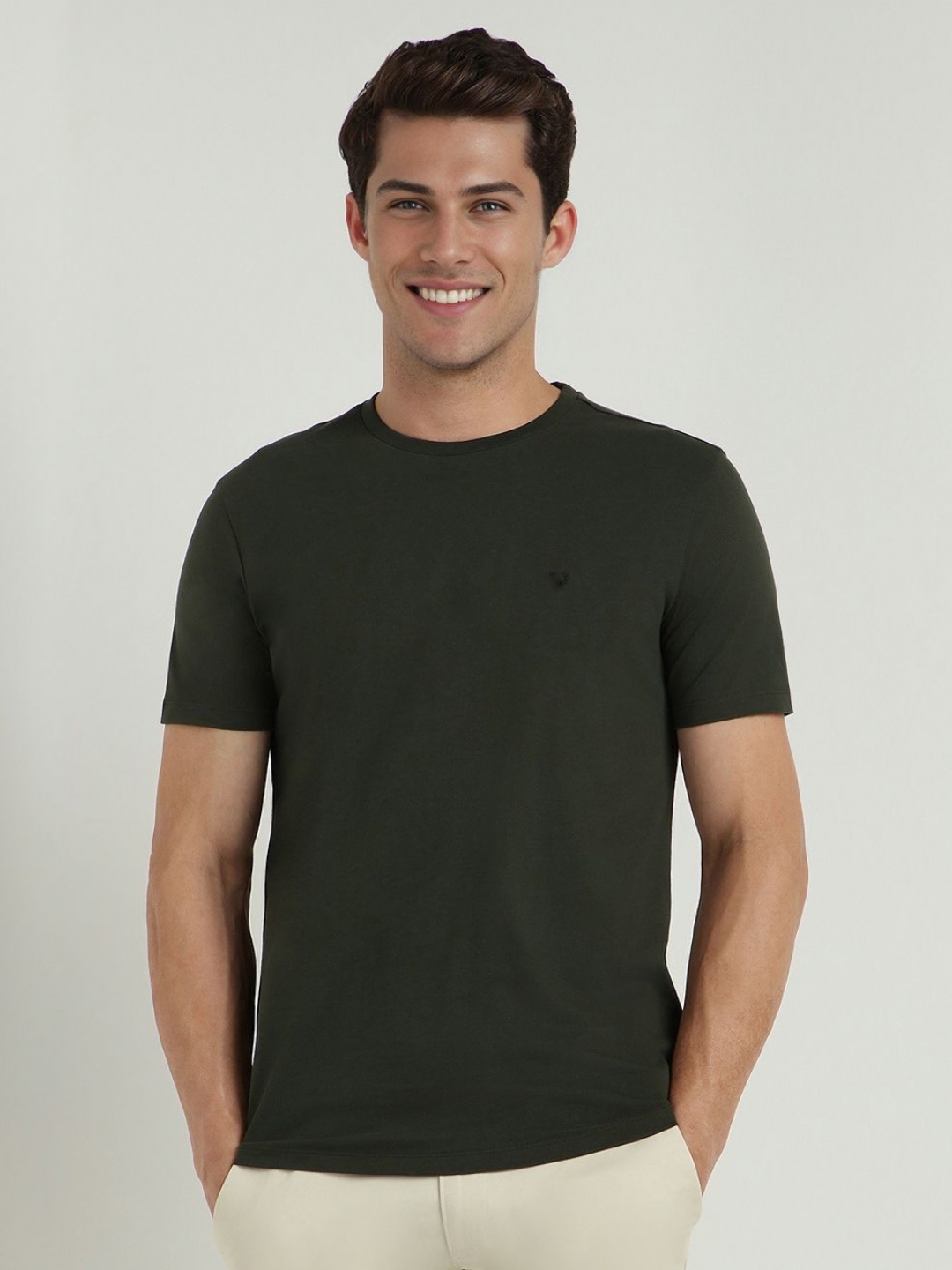 

Allen Solly Men Solid Round Neck Cotton Slim Fit T-shirt, Green