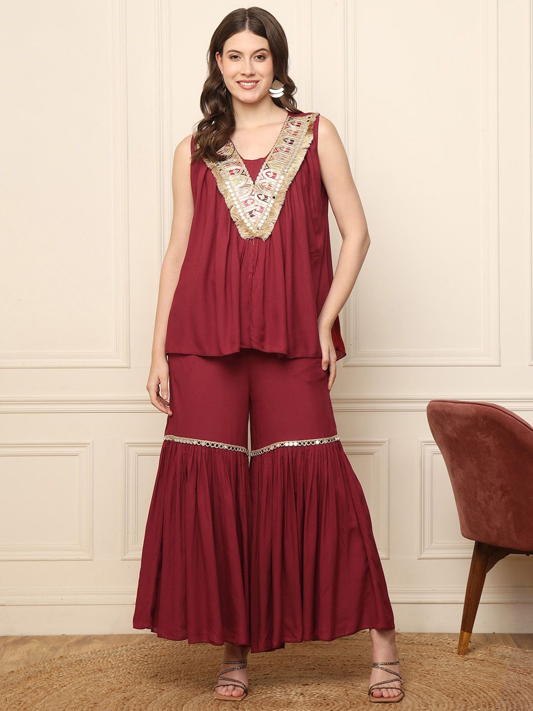 

DEEBACO Yoke Design Sleeveless Peplum Top With Sharara, Maroon