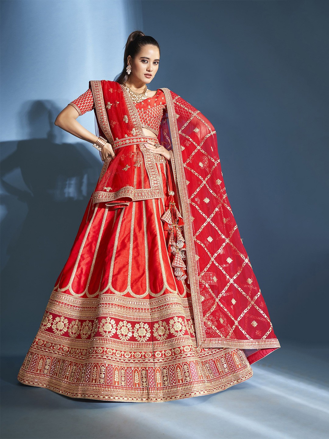 

JMS Studio Embroidered V-Neck Silk Ready to Wear Lehenga & Unstitched Blouse With Dupatta, Red