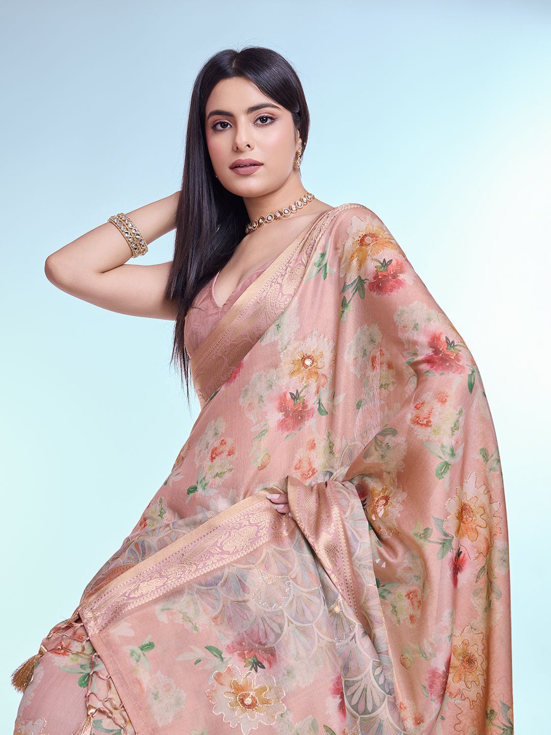 

Mitera Floral Printed Saree With Zari Border, Peach