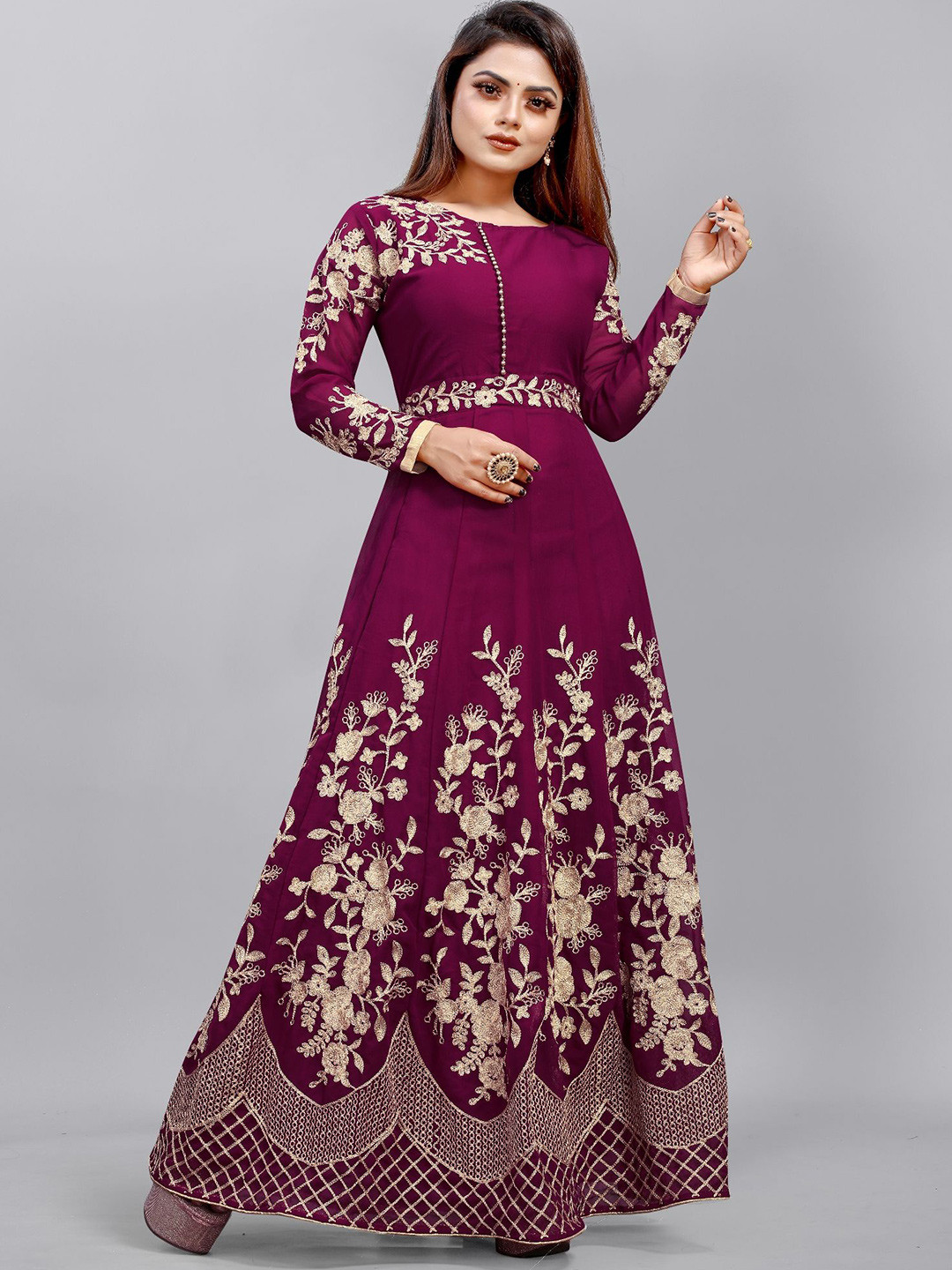 

LADY SHOPI Ethnic Motifs Embroidered Georgette Fit & Flare Maxi Ethnic Dresses, Purple