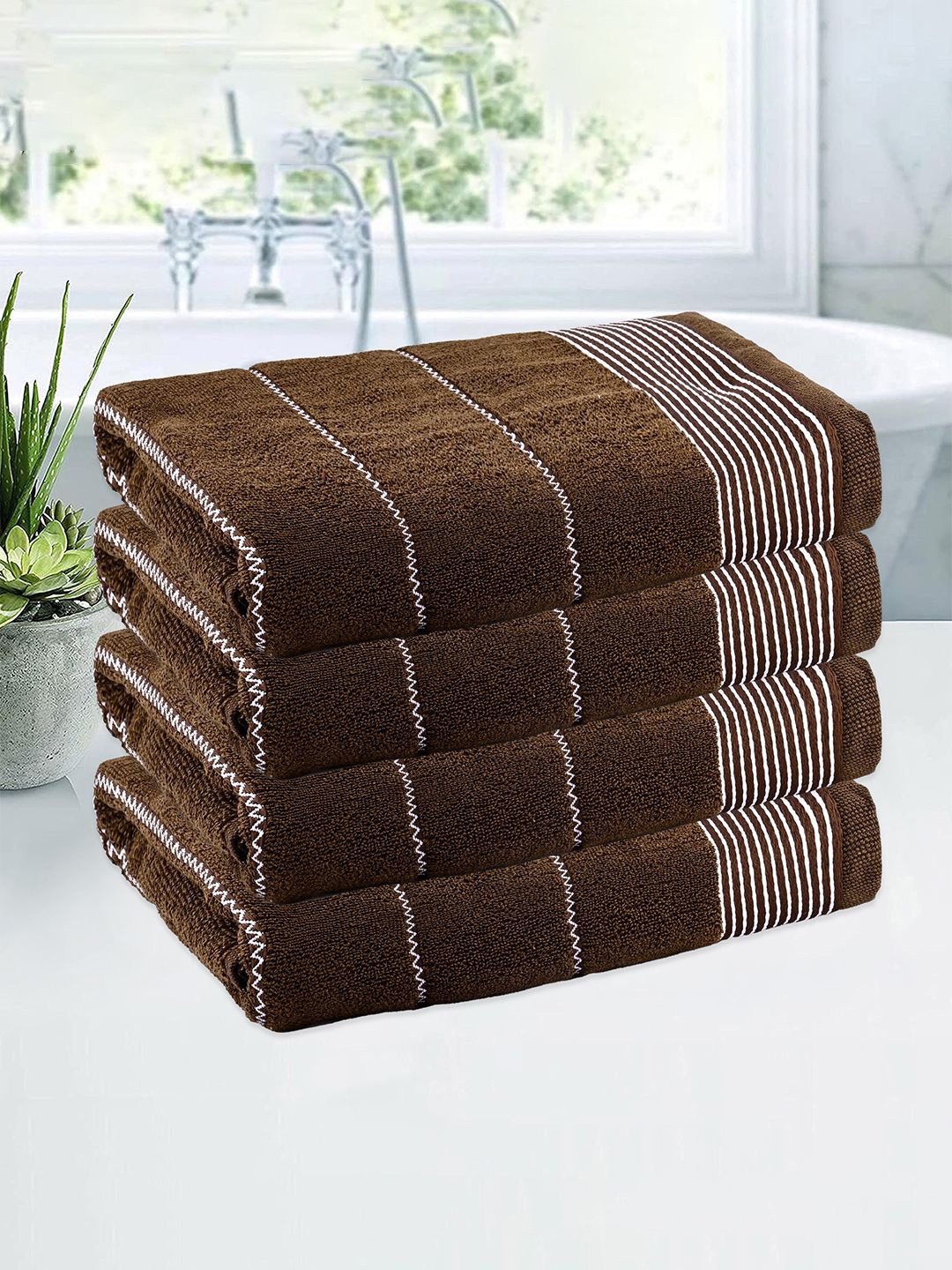 

Kuber Industries Brown & White 4 Pieces Striped Cotton 450 GSM Bath Towel